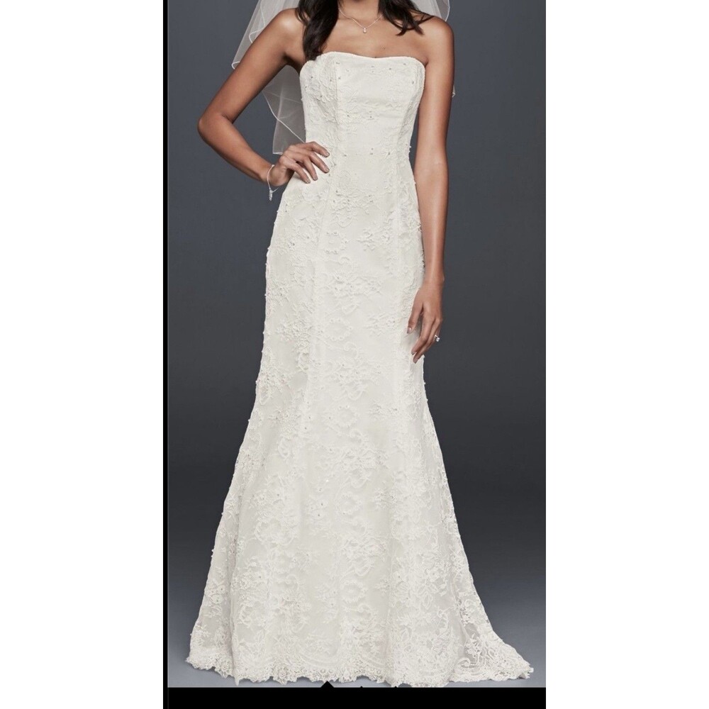 David's Bridal Strapless Beaded Lace Mermaid Ivory Wedding Dress, Size 12